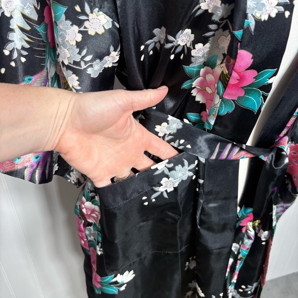 Vintage Silky Peacock Floral Kimono Robe Boho Luxe Statement Vacation Medium - Picture 9 of 9